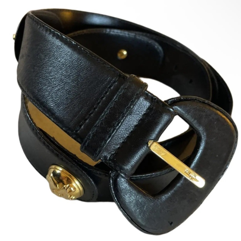 Salvatore Ferragamo Black Leather Belt with Gold-Tone Buckle